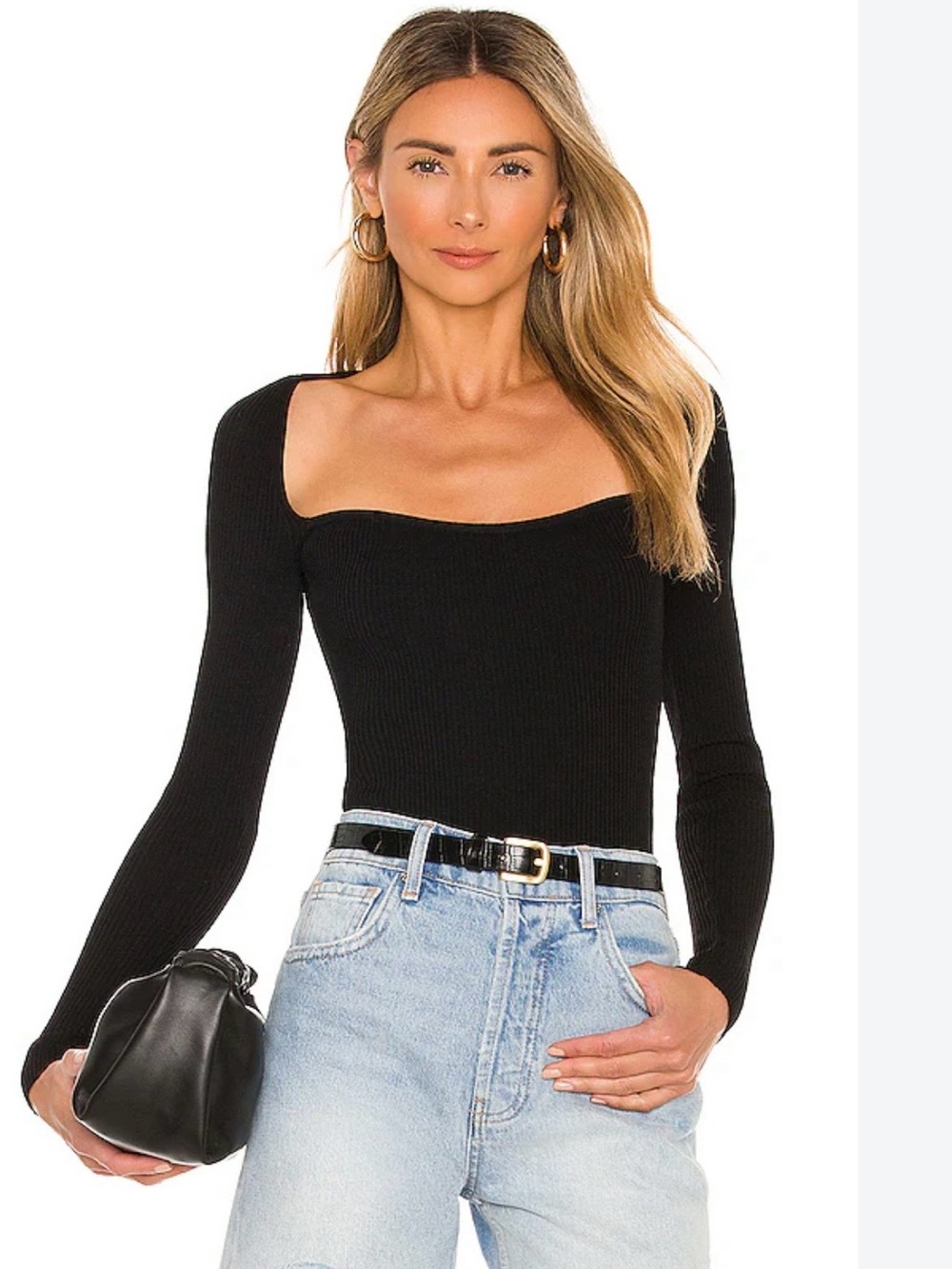 superdown Black Square Neck Ribbed Long-Sleeve Top